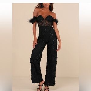 Midnight Sparkle Black Mesh Embroidered Feather Bustier Jumpsuit.